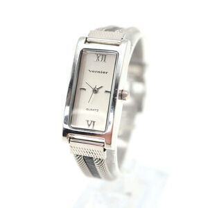 Vernier Womens Silver Tone Watch 18mm Slim Rectangle Mesh Strap with New Battery